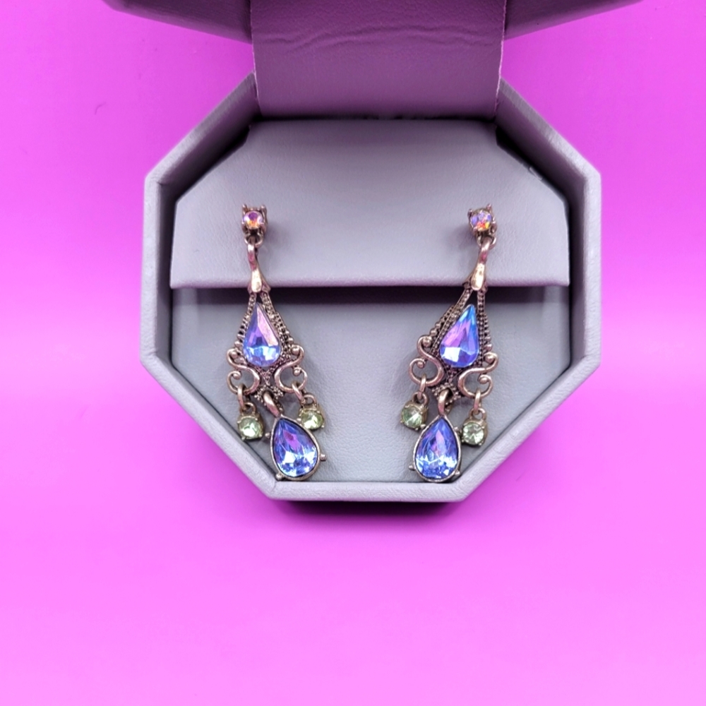 Blue and green silver toned chandelier earrings